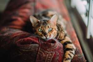 tabby cat with green eyes staring at camera while lounging on back of red sofa