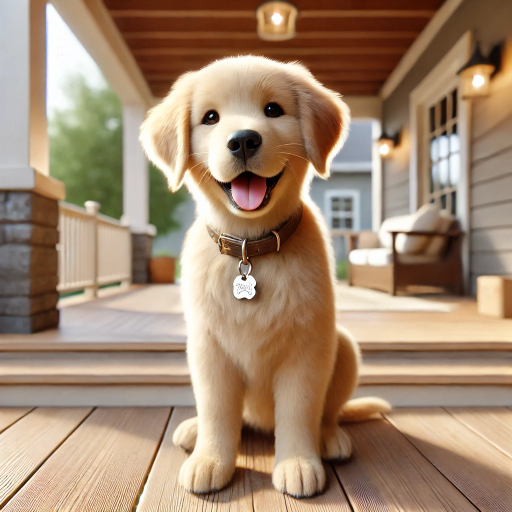 A happy golden retriever puppy sitting on a wooden porch, wearing a collar with a name tag, looking at the camera with its tongue out.