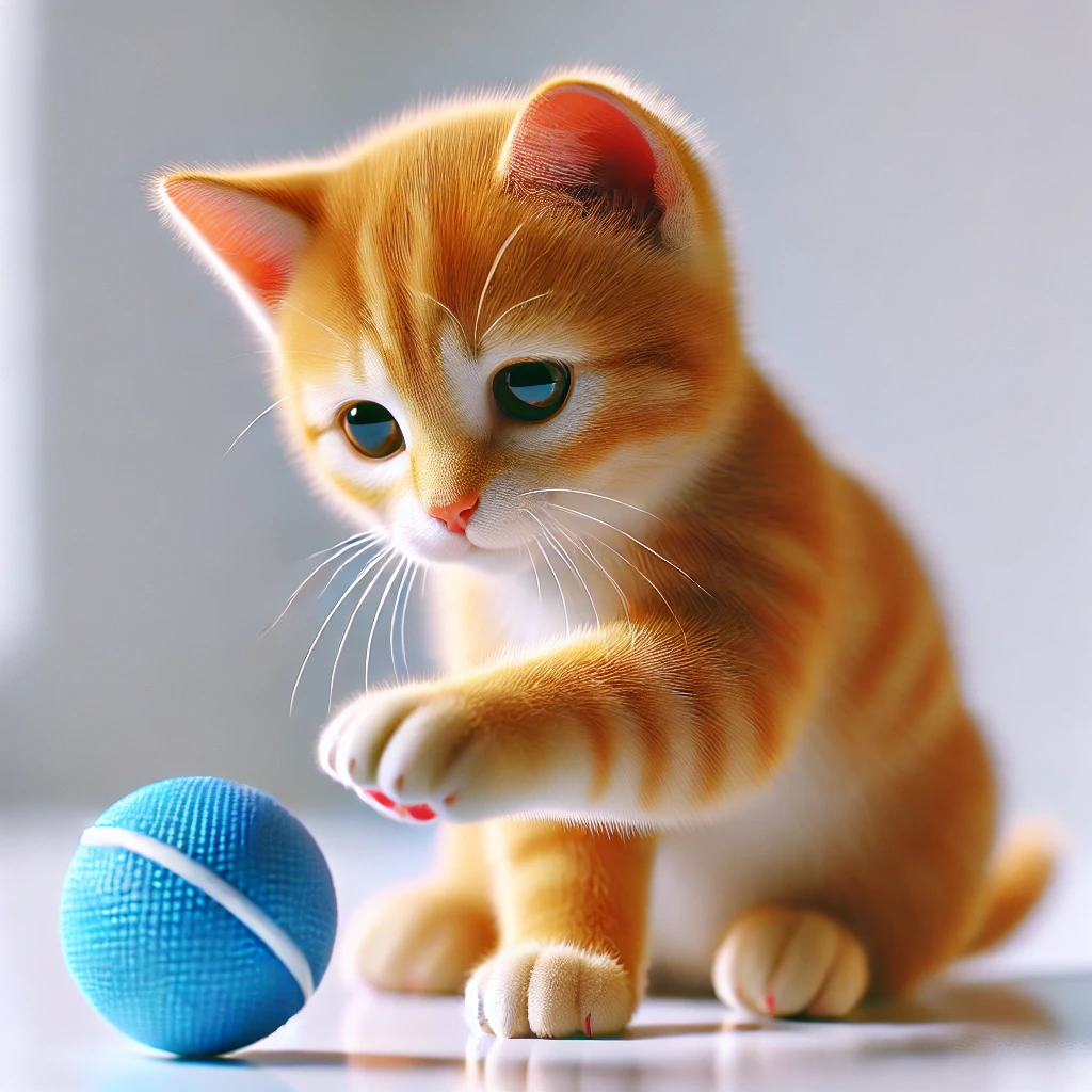 An orange tabby kitten reaching out to play with a blue toy ball on a clean white surface, with a curious and playful expression.