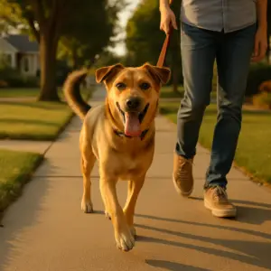 A medium-sized dog walking on a leash beside its owner on a sunny sidewalk in a quiet suburban neighborhood.