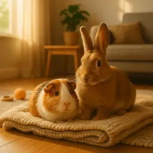 A guinea pig and a rabbit sitting side by side on a soft blanket in a warmly lit home, with plants and wooden flooring in the background.