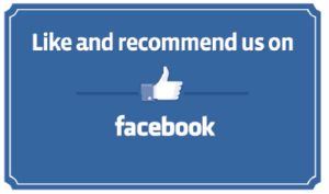 Blue Facebook graphic with the text “Like and recommend us on Facebook” and a thumbs-up icon.