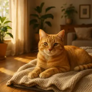 An orange tabby cat lying on a knitted beige blanket in a sunlit living room, with houseplants and a cozy couch in the background.