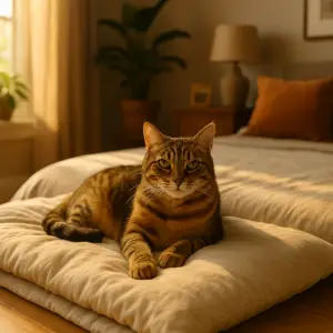 A tabby cat lounging comfortably on a neatly made bed with soft linens in a sunlit bedroom.
