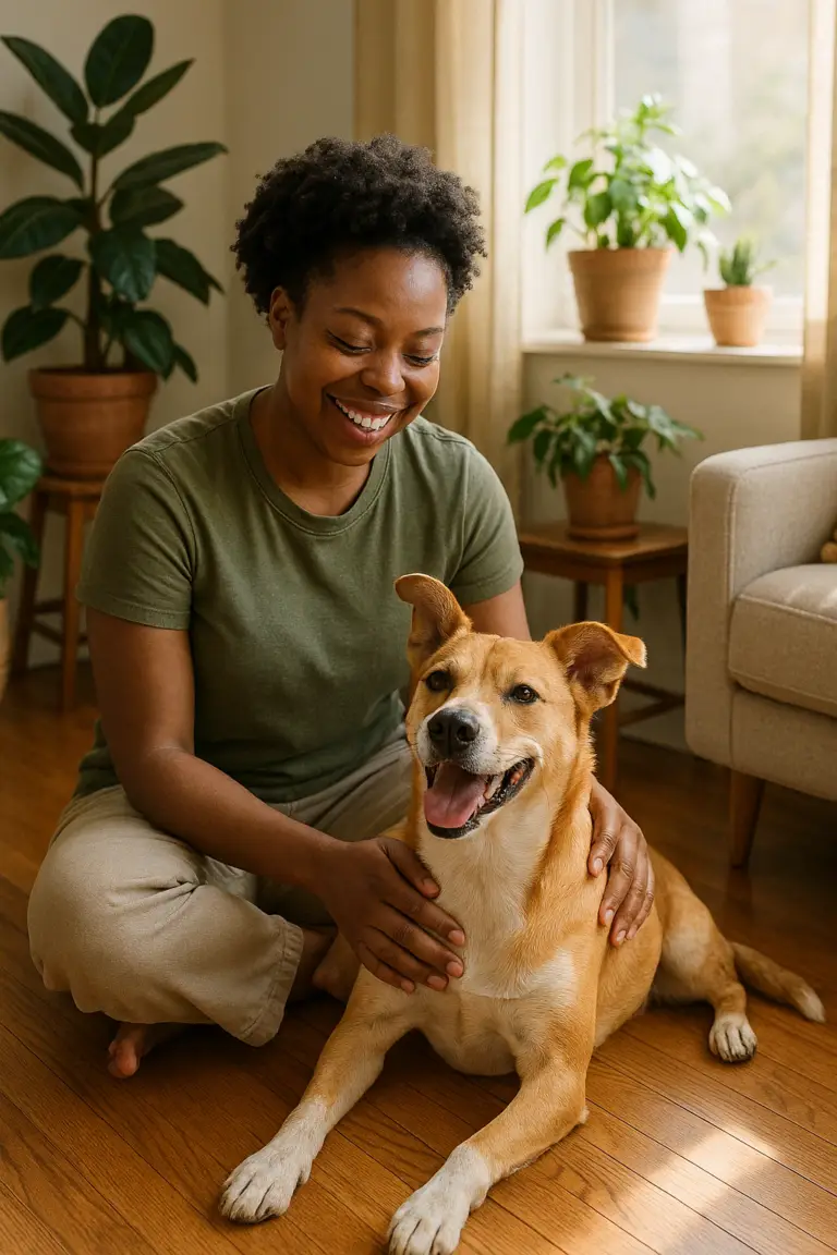 Pet sitter smiling while petting a happy tan and white dog on a wooden floor in a cozy, sunlit living room with houseplants.