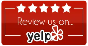 Red Yelp review badge with five white stars and the text “Review us on Yelp."